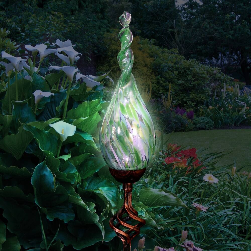 Exhart Solar Pearlized Hand Blown Glass Twisted Flame Garden Stake with Metal Finial Detail, 36 Inch