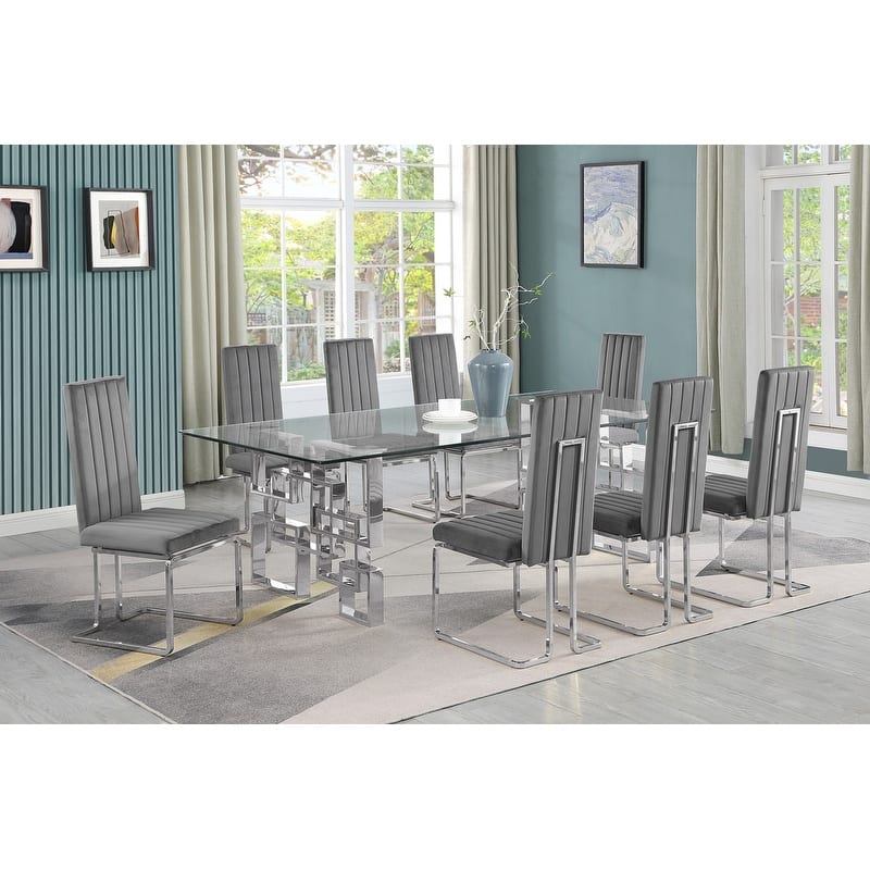 Best Quality Furniture Big Glass Dining Sets - 9pcs - Chrome - Dark Gray 