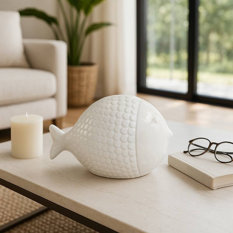 Ceramic Figurine Scaled Fish Sculpture Textured Accent - 6" White - 10" x 6" x 6"