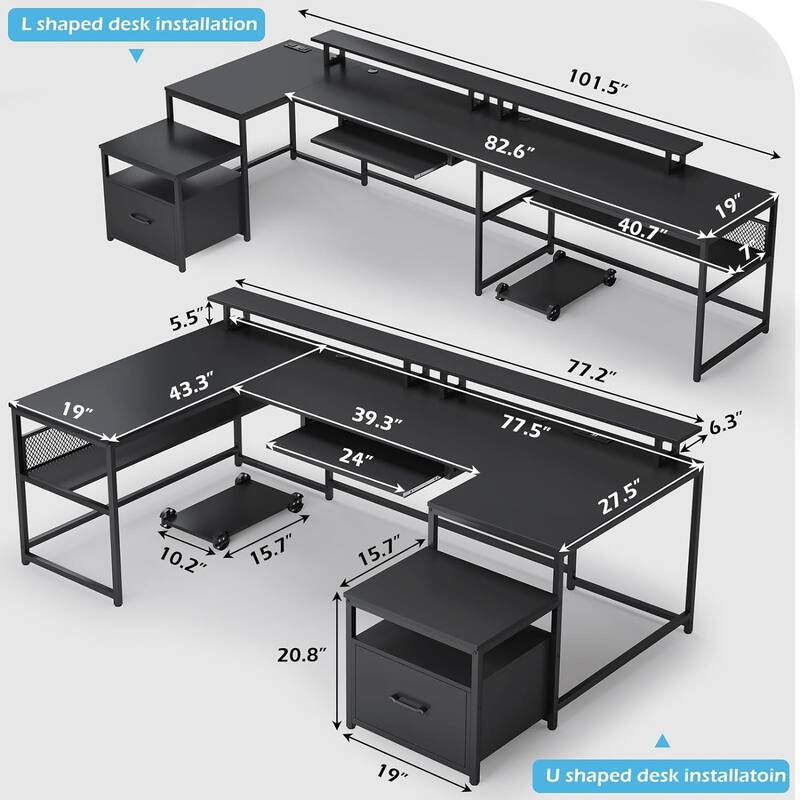 Reversible L Shaped Home Office Desk with File Drawer U Shaped Desk