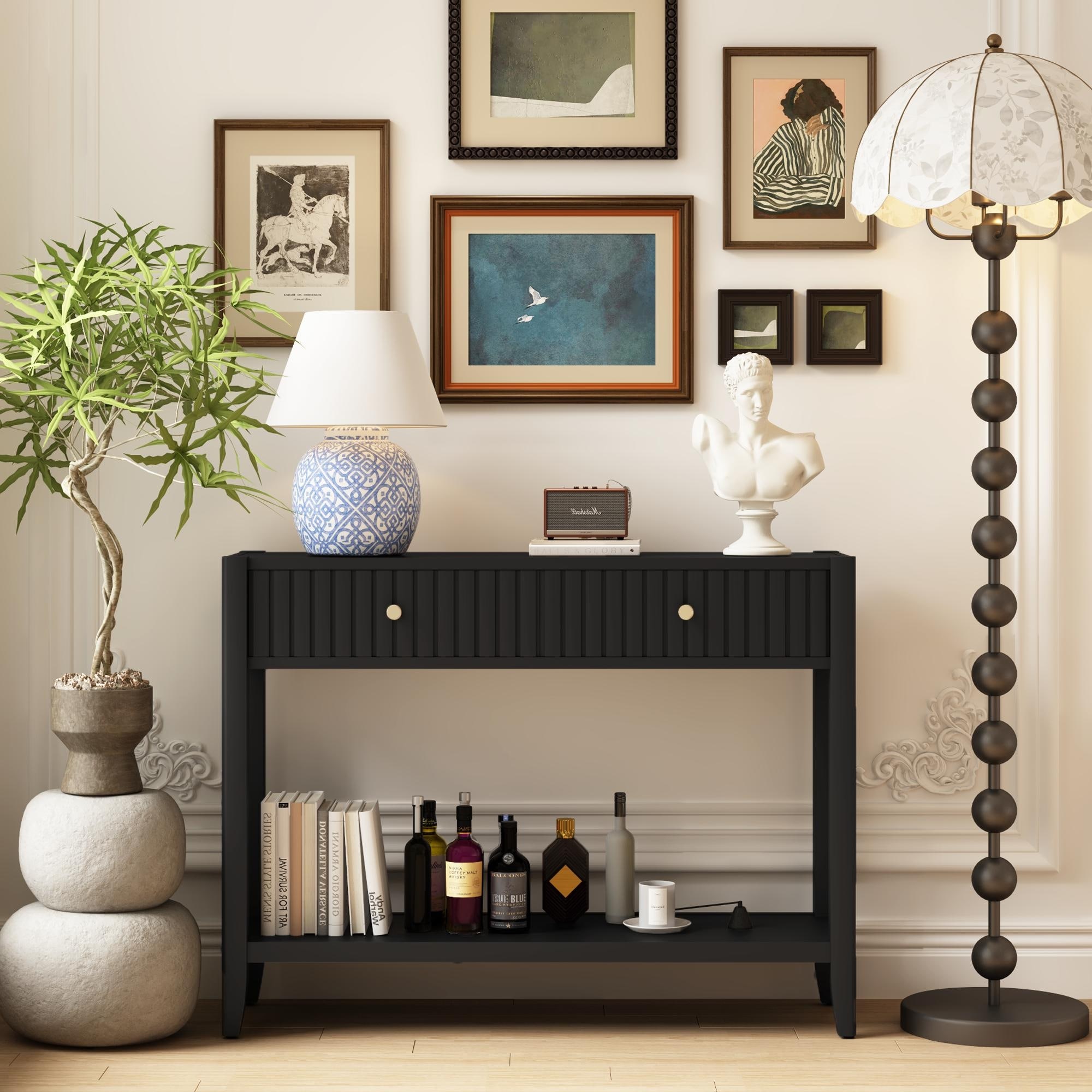 Narrow Wood Accent Table Sofa Table with Open Shelf, Rustic Entryway Table Console Table with Drawers