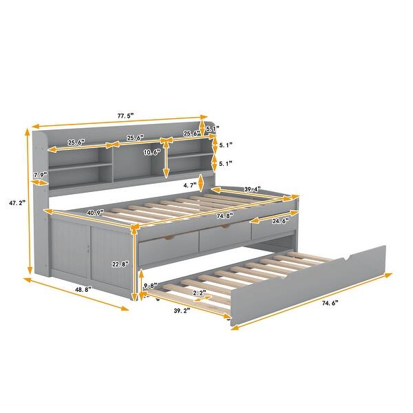 dimension image slide 1 of 2, Twin Size Wooden Captain Bed with Built-in Bookshelves, Trundle and 3-Storage Drawers, Space-Saving Design, Light Grey