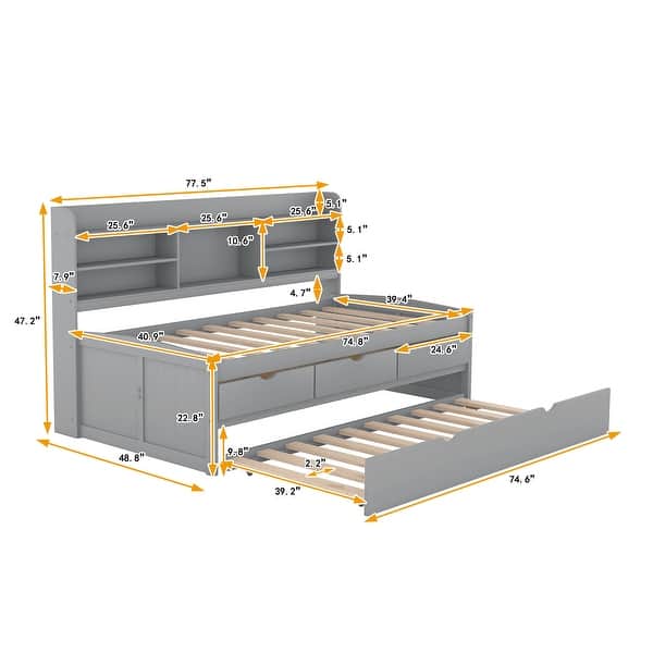 dimension image slide 2 of 3, Twin Wooden Captain Bed with Built-in Bookshelves for Organized Storage