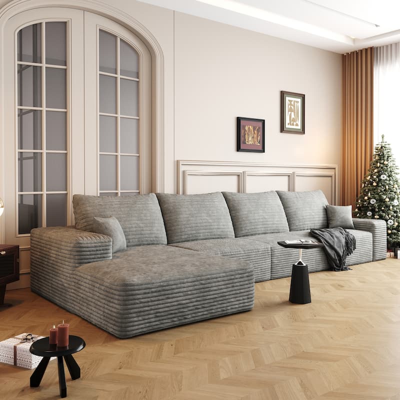 Large Chaise Lounge Couch Corduroy L-shaped Sectional Sofa - Grey