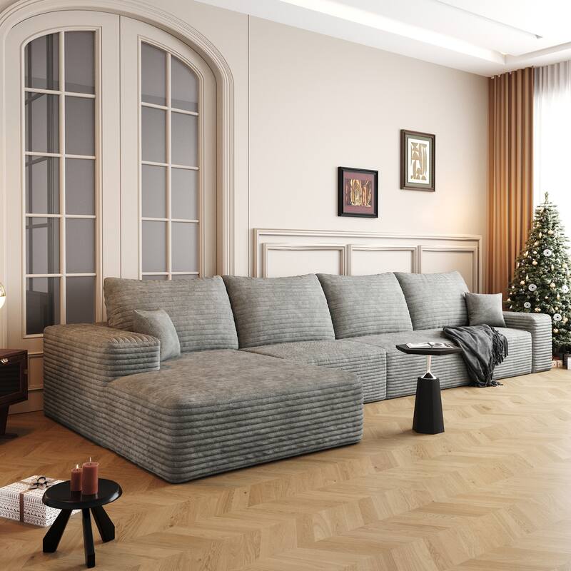 Large Sleeper Sectional Couch L-Shape Floor Modular Recliner Sofa Corduroy Upholstered Chaise Lounge with Ottoman for Livingroom