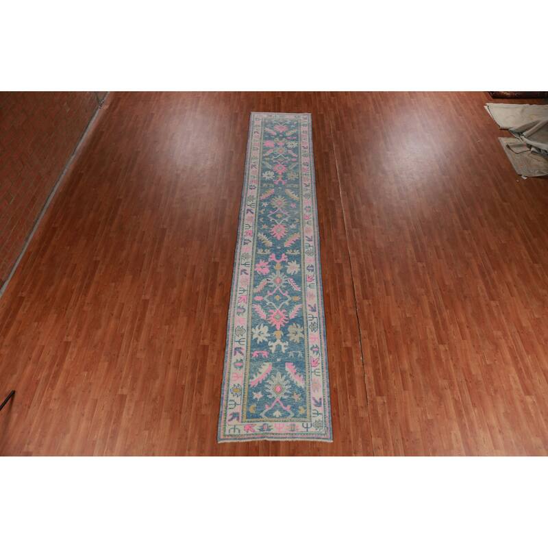 Hand Knotted Oriental 100% Wool Carpet Transitional Floral Navy Blue & Blues Oushak Runner Rug - 15' 10'' X 3' 2''