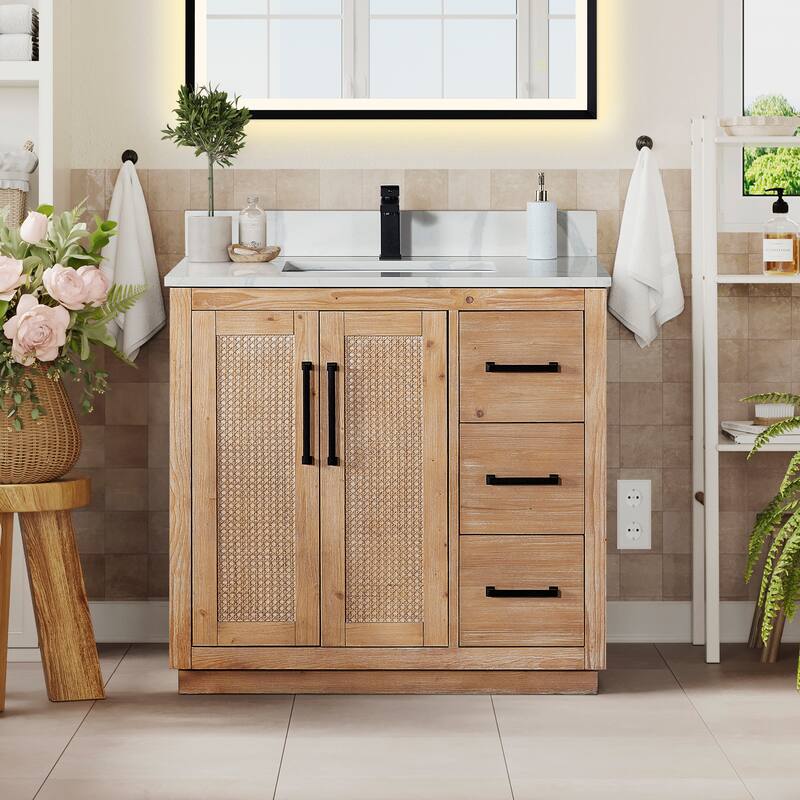 Floral Single Bathroom Vanity in Light Brown with Calacatta White Quartz Countertop without Mirror - 36inch