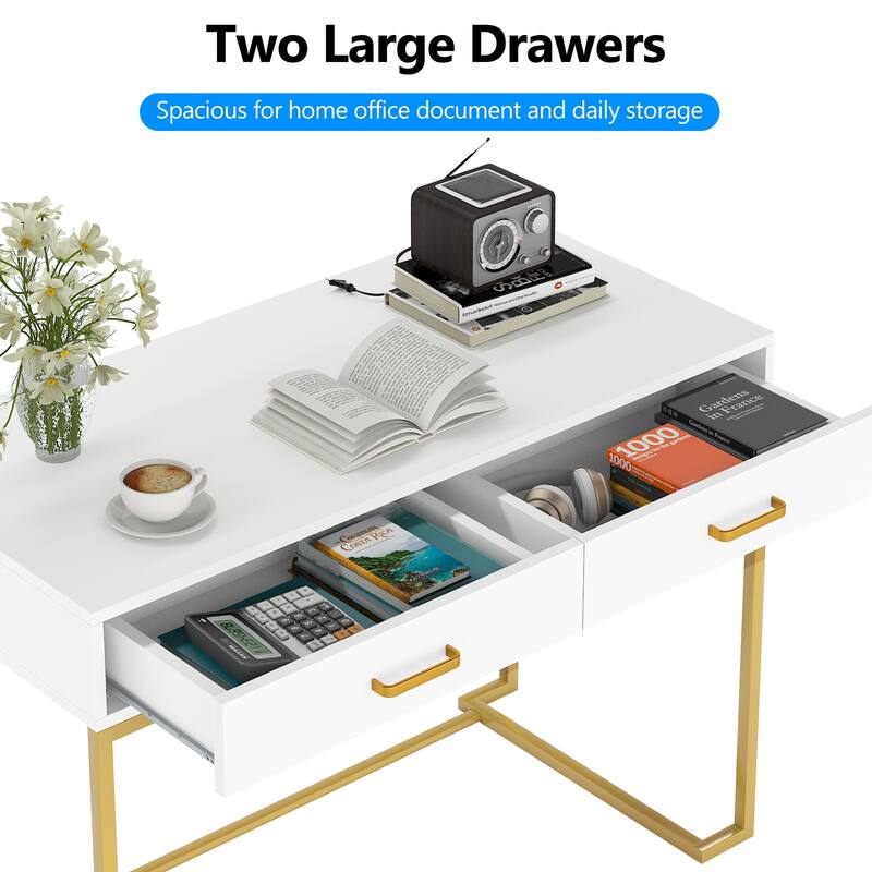 Modern Computer Desk / Writing Desk with 2 Drawers for Bedroom, Home Office