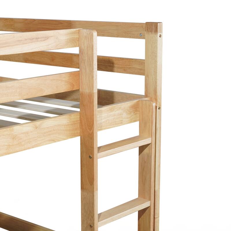 Wooden Twin over Twin Floor Bunk Bed with Ladder, with Bed Platform of Strengthened Slats