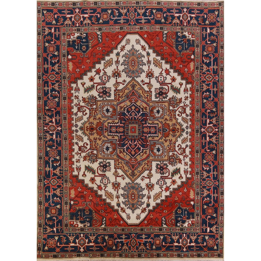 Hand Knotted Oriental 100% Wool Carpet Traditional Medallion Beige & Ivories Heriz (serapi) Area Rug - 11' 10'' X 8' 10''