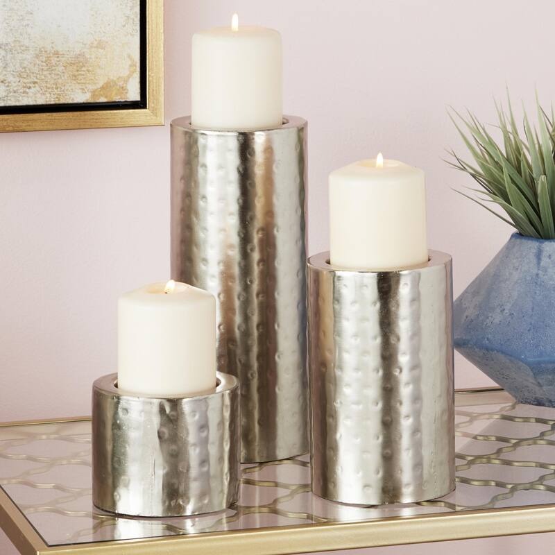 Metal Handmade Pillar Decorative Candle Holder - Set of 3 Silver - CosmoLiving by Cosmopolitan