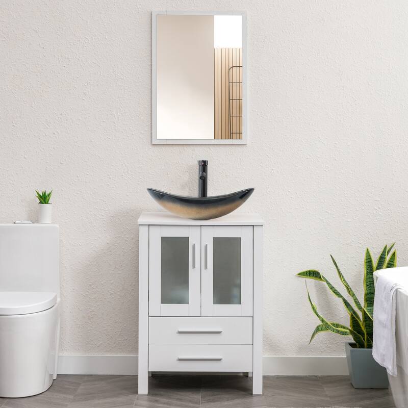 24" Bathroom Vanity White Set Glass/ Ceramic Vessel Sink Cabinet Faucet Drain Free Standing Combo - Glass Champagne Boat sink
