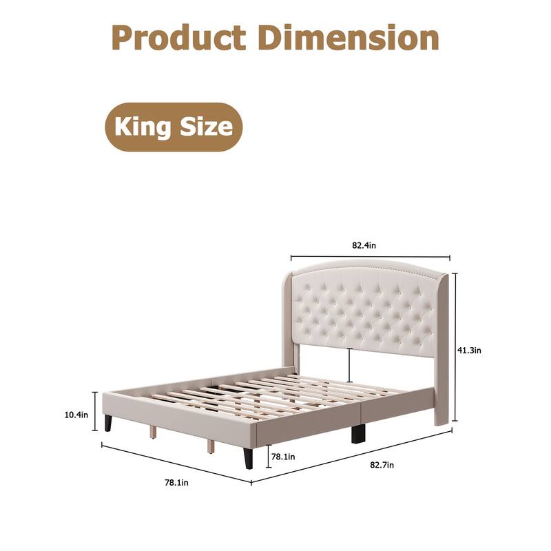 Platform Bed Frame Full with Upholstered Wingback Headboard