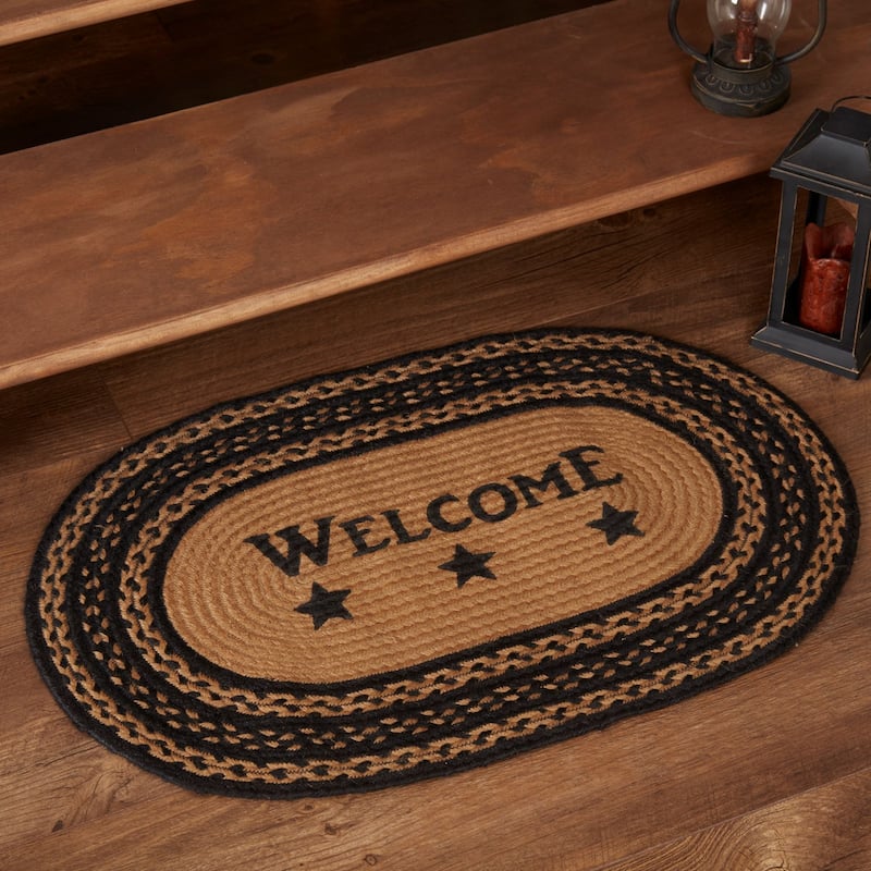 Farmhouse Jute Rug Oval Stencil Stars Welcome w/ Pad 20x30 - 20" x 30" - 20" x 30" - Black