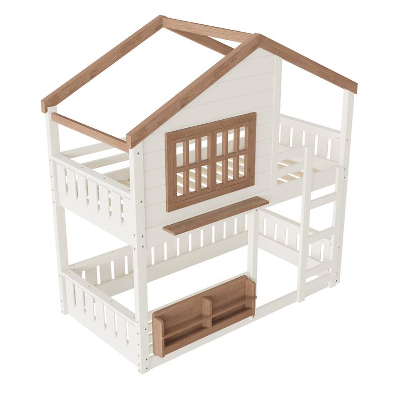 Full/Twin Bunk Bed with Bookshelf, House Design Loft Bed with Safety Fencing, High-Quality Kids Bed Frame