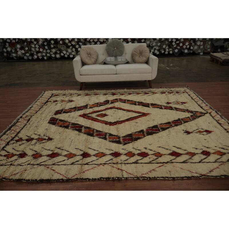 Hand Knotted Oriental 100% Wool Carpet Modern Tribal Beige & Ivories Moroccan Area Rug - 9' 6'' X 8' 3''