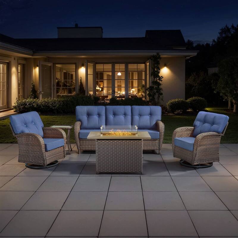 TWrap Wicker Patio Fire Pit Conversation Set with 3-Seat Sofa & Swivel Gliders - Brown/Navy Blue - No Ottomans