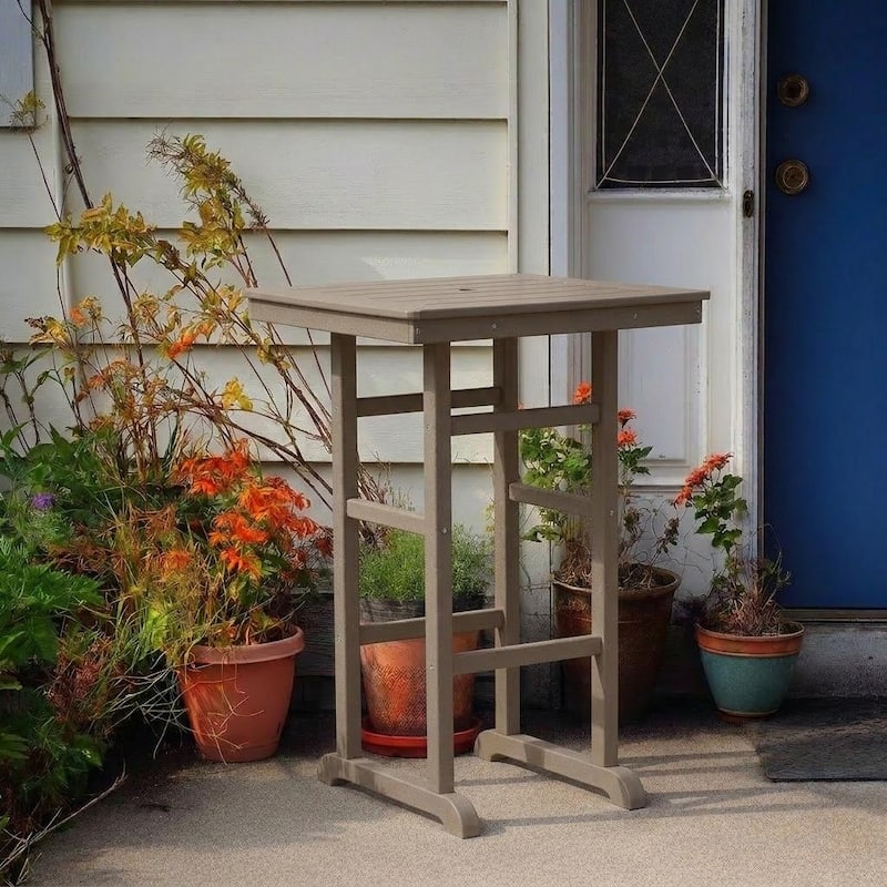 HDPE Bar-Height Outdoor Patio Pub Table, 42.1" Square High Top Bistro Table with Umbrella Hole, Weather-Resistant Slatted Top - Antique brown