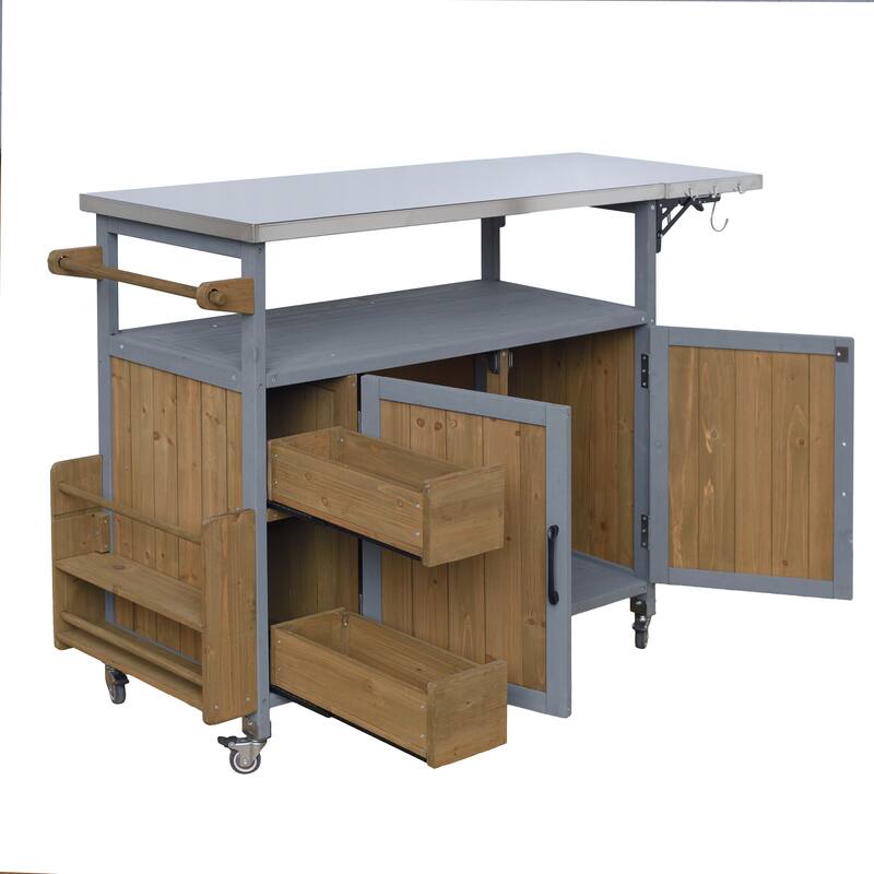 Christopher Knight Home - 54.33" Solid Wood Mobile Outdoor Kitchen Cart with Stainless Steel Top & Spice Rack & Lockable Wheels