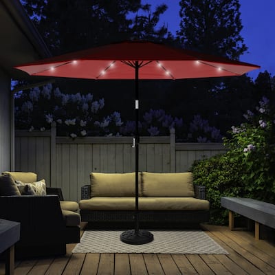 Pure Garden Patio Umbrella with Solar Lights with Base - Red