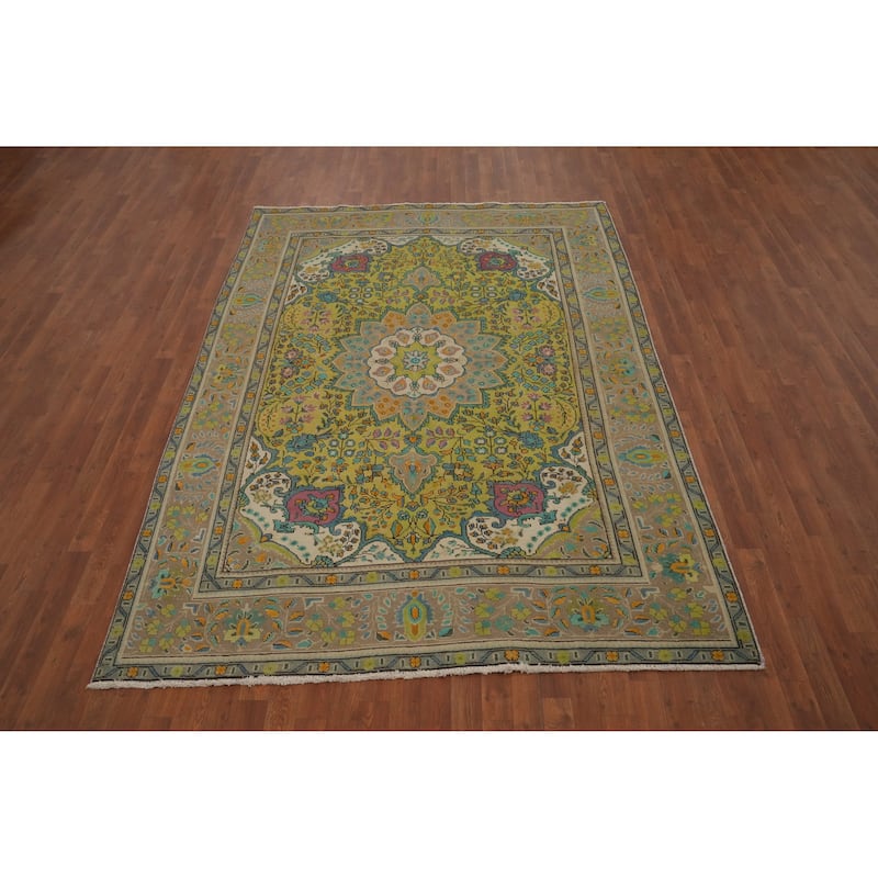 Hand Knotted Oriental 100% Wool Carpet Traditional Floral Green Tabriz Area Rug - 8' 11'' X 6' 4''