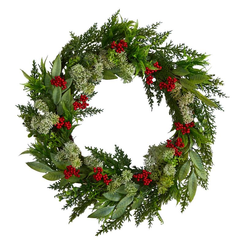 Cedar with Eucalyptus and Berries Artificial Christmas Wreath, 24-Inch, Unlit