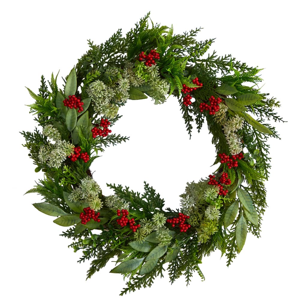 Cedar with Eucalyptus and Berries Artificial Christmas Wreath, 24-Inch, Unlit