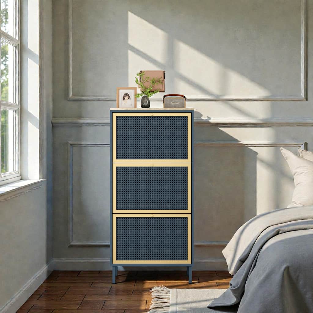 Modern Metal Door Shoe Cabinet with Rattan-Style Panels, Freestanding Shoe Rack Storage for Entryway with Adjustable Shelves