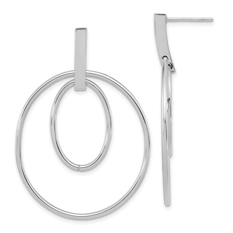 Curata 14k White Gold Gold Polished Circle and Oval Long Drop Dangle Post Earrings 50x35mm