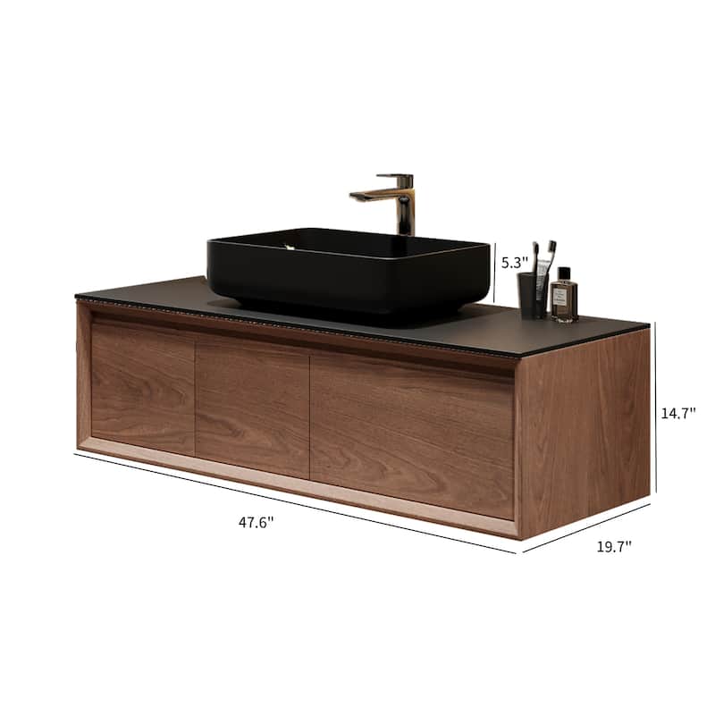 48" Modern Floading Single Bathroom Vanities, Solid Wood, Glossy Stone Vessel, Brown &Light Wood, Not Assembled Need