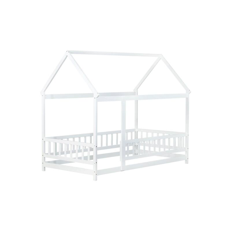Twin Size House Floor Wooden Bed with Roof Frame,Safety Guardrails