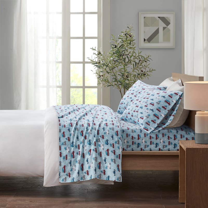 Madison Park Cozy Cotton Flannel Printed Sheet Set - Queen - Blue Cars