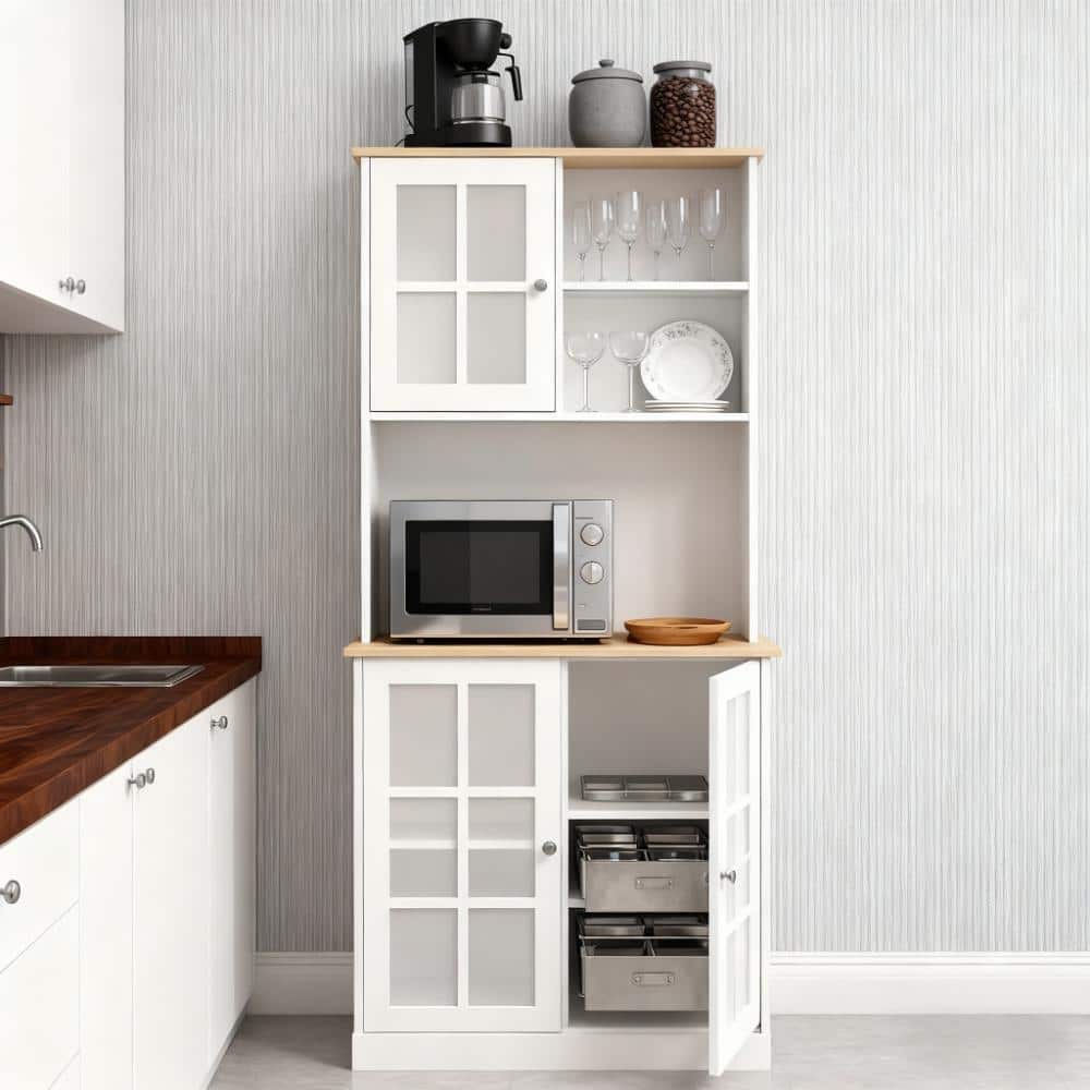 Rossetta Modern Design Countertop Kitchen Freestanding Pantry Cabinet with Hutch,Glass Doors and Adjustable Shelves