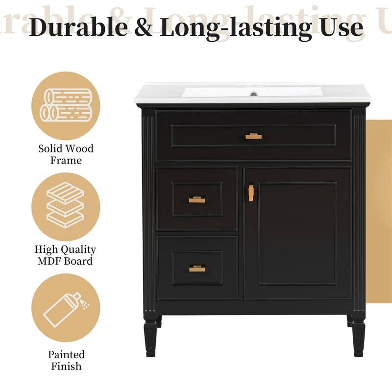 30" Bathroom Vanity with Ceramic Sink Combo, Bathroom Vanity Cabinet with 1 Flip Drawer, 2 Drawers & Adjustable Shelf