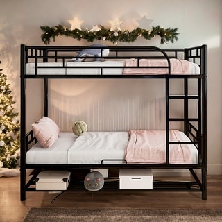 Twin Over Twin Metal Bunk Bed with Shelf and Guardrails for Home