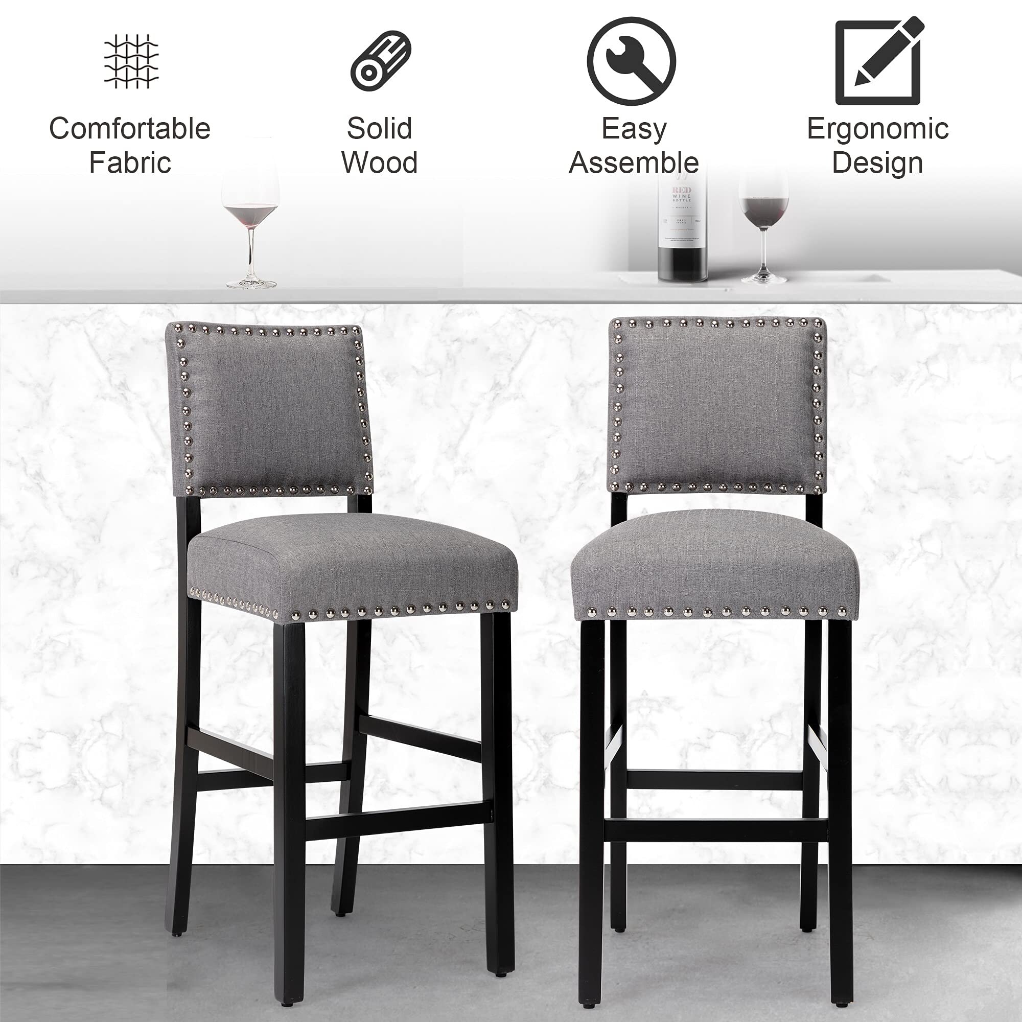 GOTMINSI Gray Fabric Bar Stools with Nailhead Trim for Kitchen Dining Room Set of 2 as picture