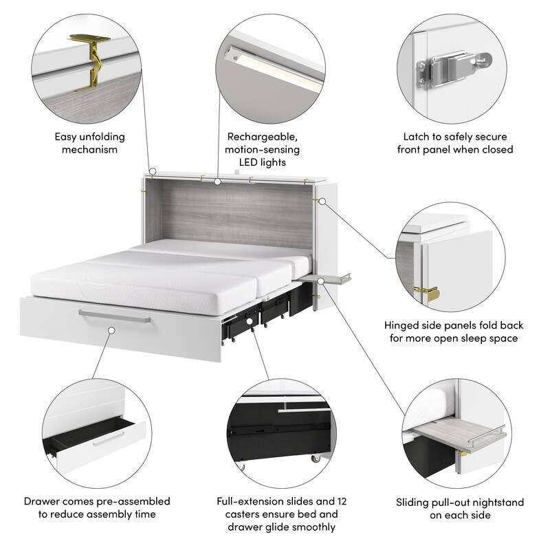 Bestar Borealis 63W Queen Murphy Cabinet Bed with Drawer and Mattress