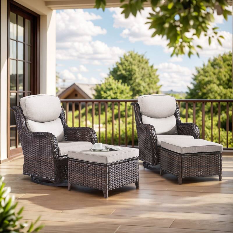 Pocassy Outdoor Swivel Chairs Patio Furniture Set - Brown Rattan - Beige Cushion - 4PCS Swivel Chairs with Ottoman