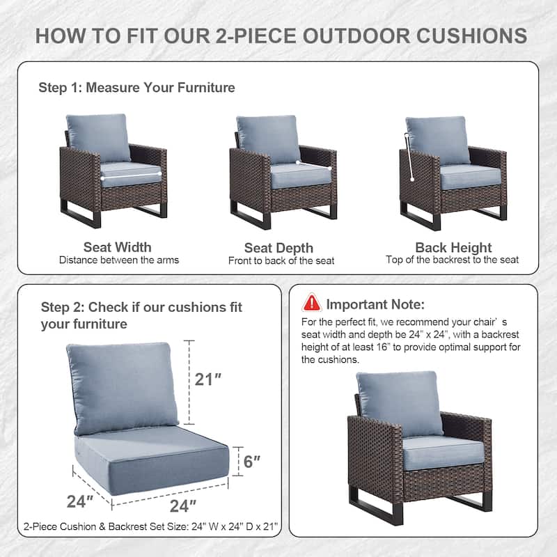 Luxury 6" Outdoor Cushions for Patio Furniture, 24x24x6 Cushion Set, Fade Resistant Replacement Cushions with Removable Cover
