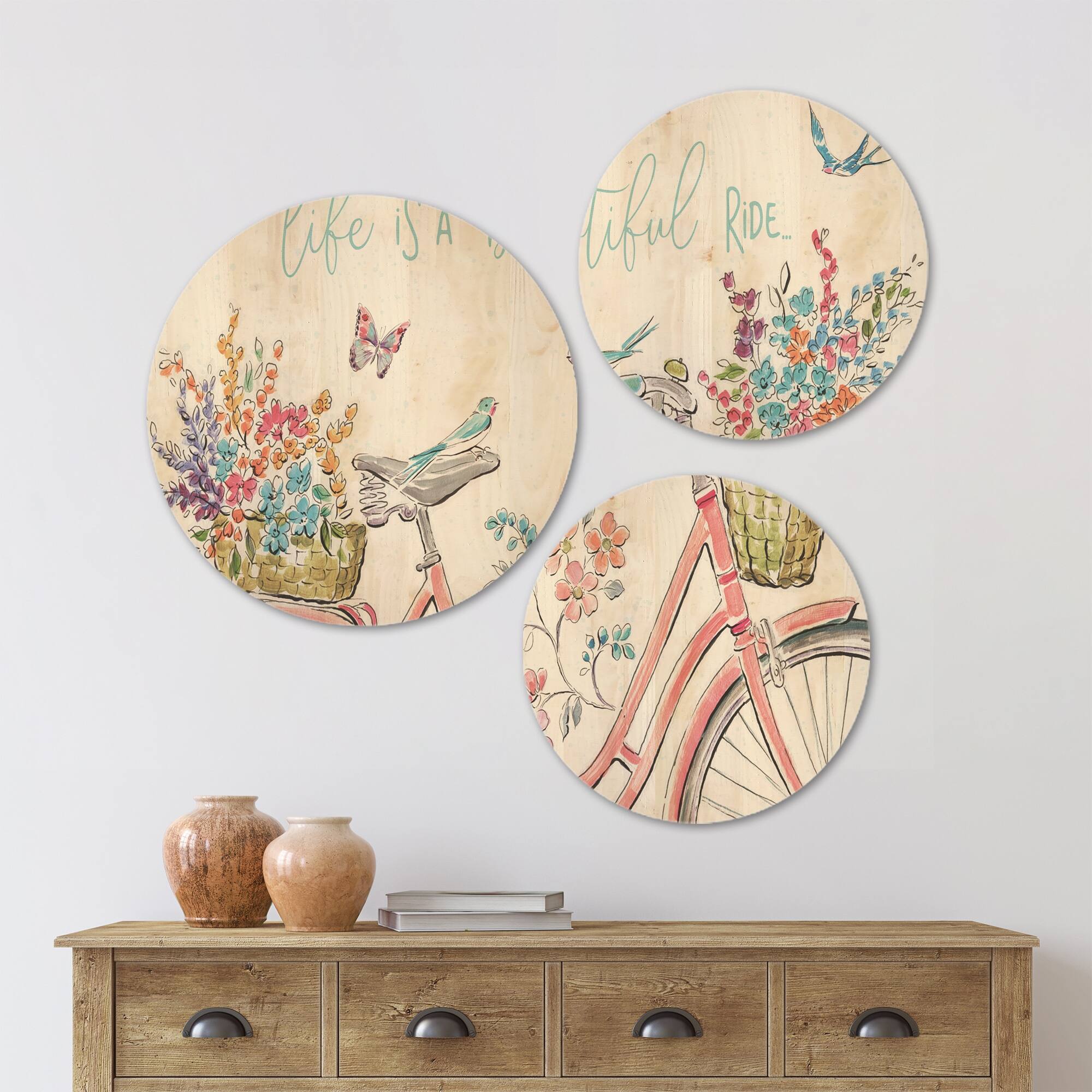 Designart 'Spring Bike Bouquet' French Country Wood Wall Art Set of 3