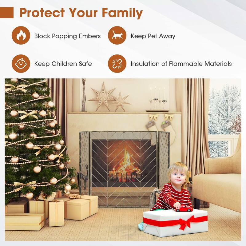 Gymax 3-Panel Fireplace Screen Foldable Wrought Metal Iron Mesh Fire