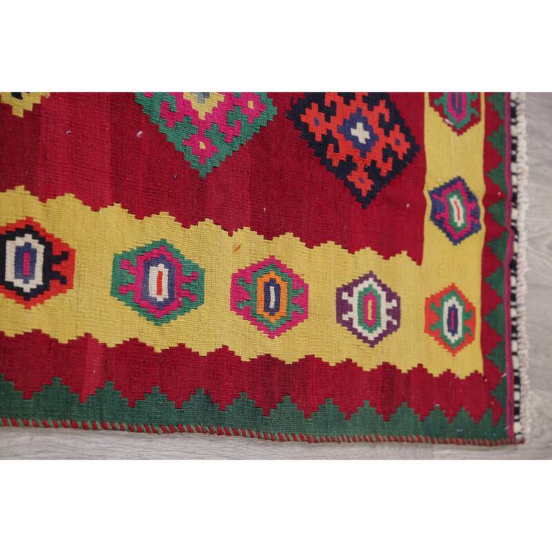 Hand Woven Oriental 100% Wool Carpet Southwestern Geometric Red Kilim Runner Rug - 8' 7'' X 4' 5''