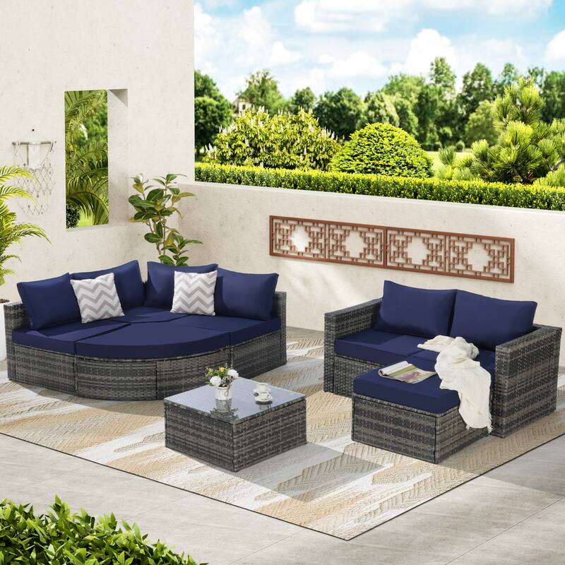 8 Pcs Outdoor Sectional L- Shaped Sofa Set, Patio Wicker Conversation Set Furniture with Curved Sofa Ottoman and Coffee Table