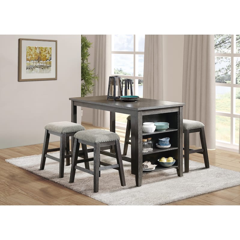 Wire-Brushed Gray Finish Set of 2 Counter Height Barstool Gray Chenille Upholstery Seat Nailhead Trim Casual Dining Furniture