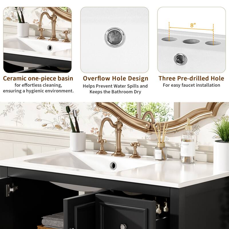 36" Transitional Bathroom Vanity with Ceramic Sink - 2 Soft-Close Doors, 3 Drawers (1 Divided), U-Shaped Shelf, Painted Finish