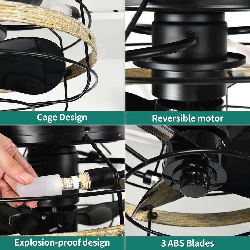 Moasis 15.7" Flush Mount Cage Ceiling Fan with Light and Remote Control