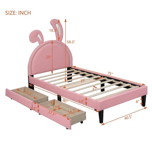 dimension image slide 1 of 2, Lovely Fairytale Theme Kids Bed Twin Size Platform Bed, PU Upholstered Bed with Rabbit-Shaped Headboard & 2 Drawers