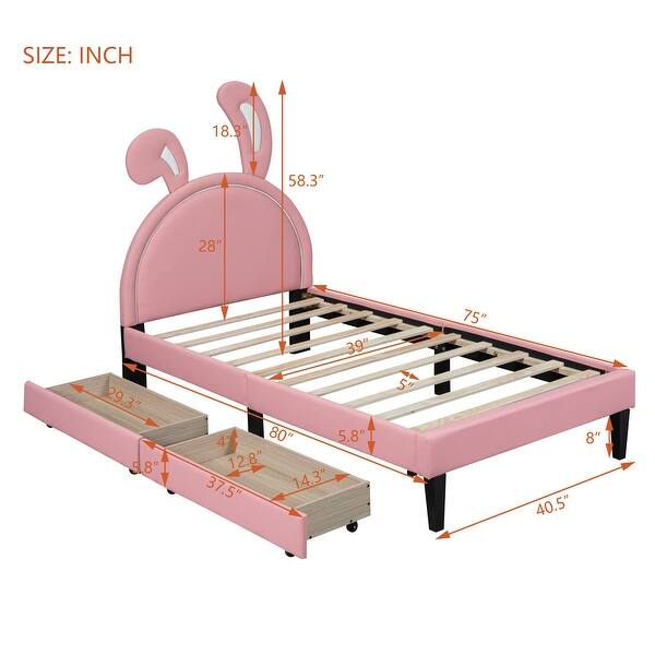 Twin Pink Upholstered Leather Platform Bed with Rabbit Ornament Headboard & 2 Drawers Wooden Platform Bed for Girls, Pink