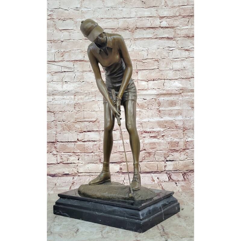 Bronze Female Golfer Sculpture – Lady Putting Golf Statue On Marble Base