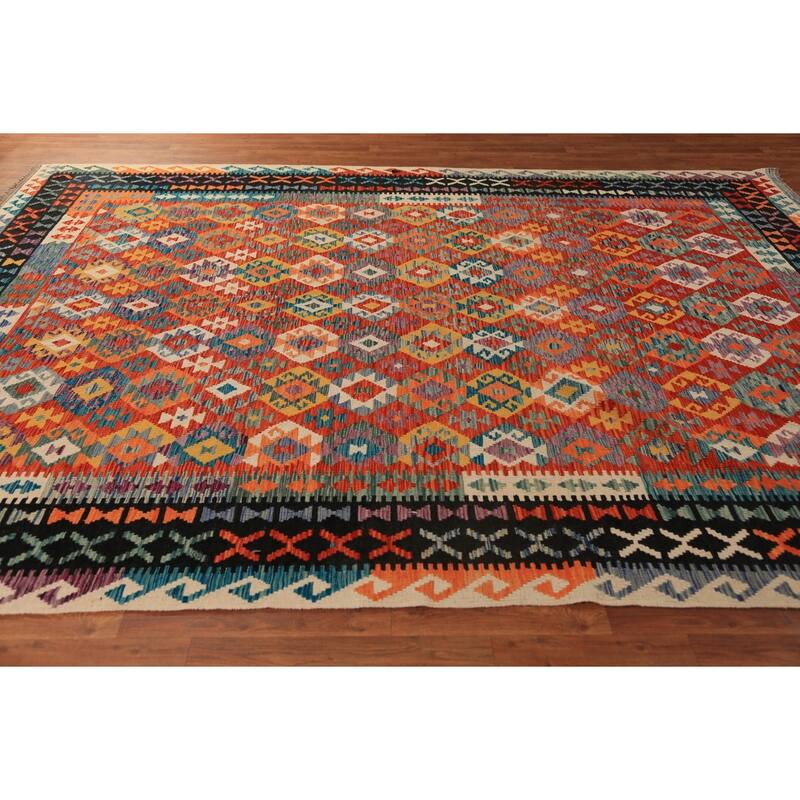 Geometric Kilim Area Rug Flatweave Oriental Orange Wool Carpet - 8'5"x 11'3"